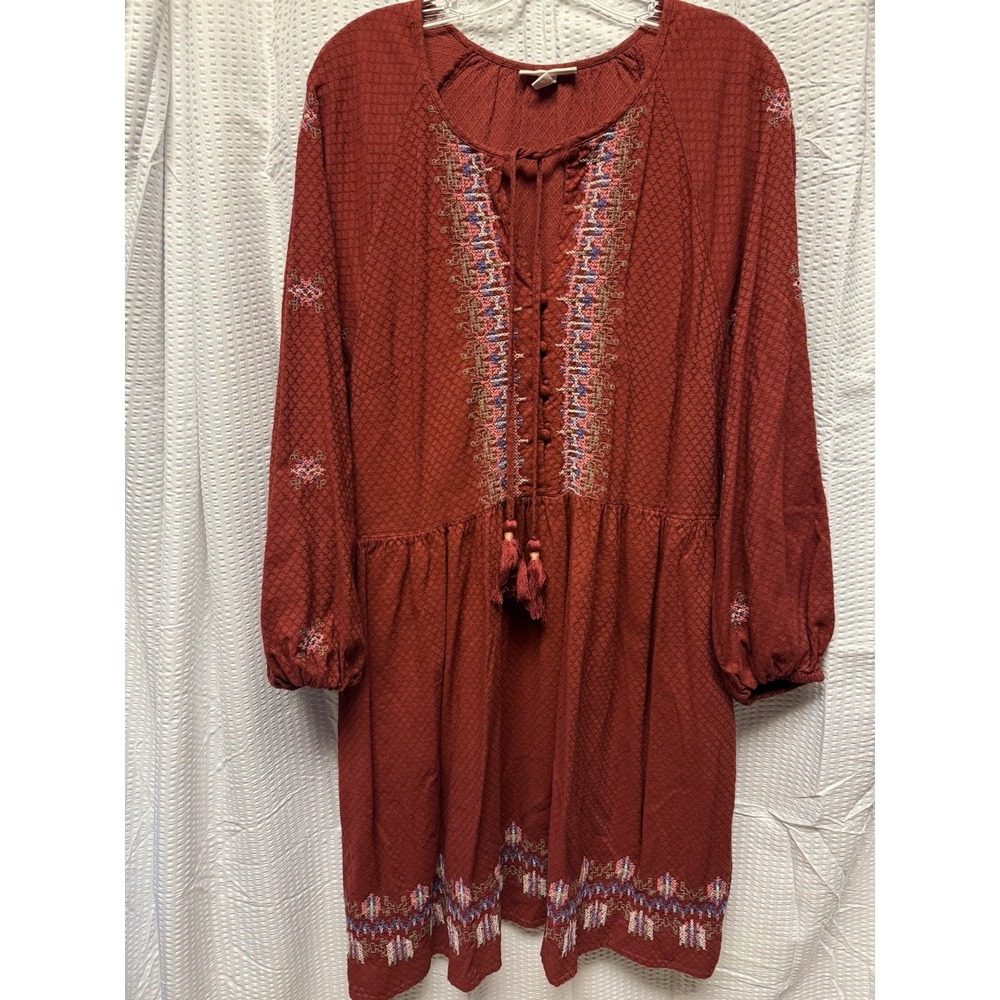 Know Rose Boho‎ Peasant Women's Dress Embroidered Maroon XXL Tassle Tie Pockets